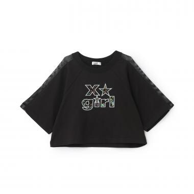 肩メッシュスパンコールロゴ ショート半袖Tシャツ
